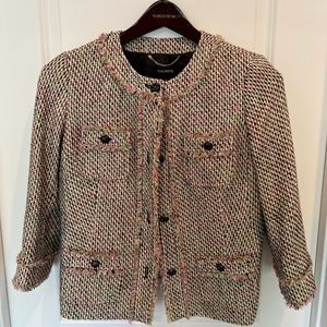 Talbots Pink/Green/Black/White Candy Fringe Tweed Blazer, Button Up
